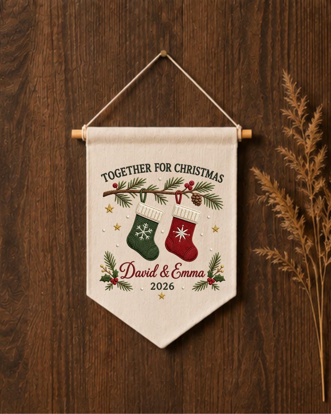 Personalized Christmas Couple Wall Hanging, Custom Names Embroidered Stocking Banner, First Christmas Together Decor, Holiday Keepsake Gift