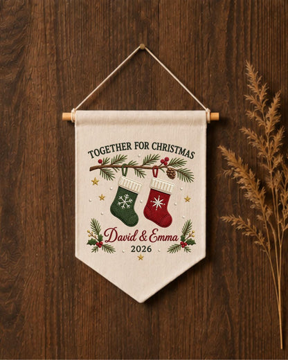 Personalized Christmas Couple Wall Hanging, Custom Names Embroidered Stocking Banner, First Christmas Together Decor, Holiday Keepsake Gift