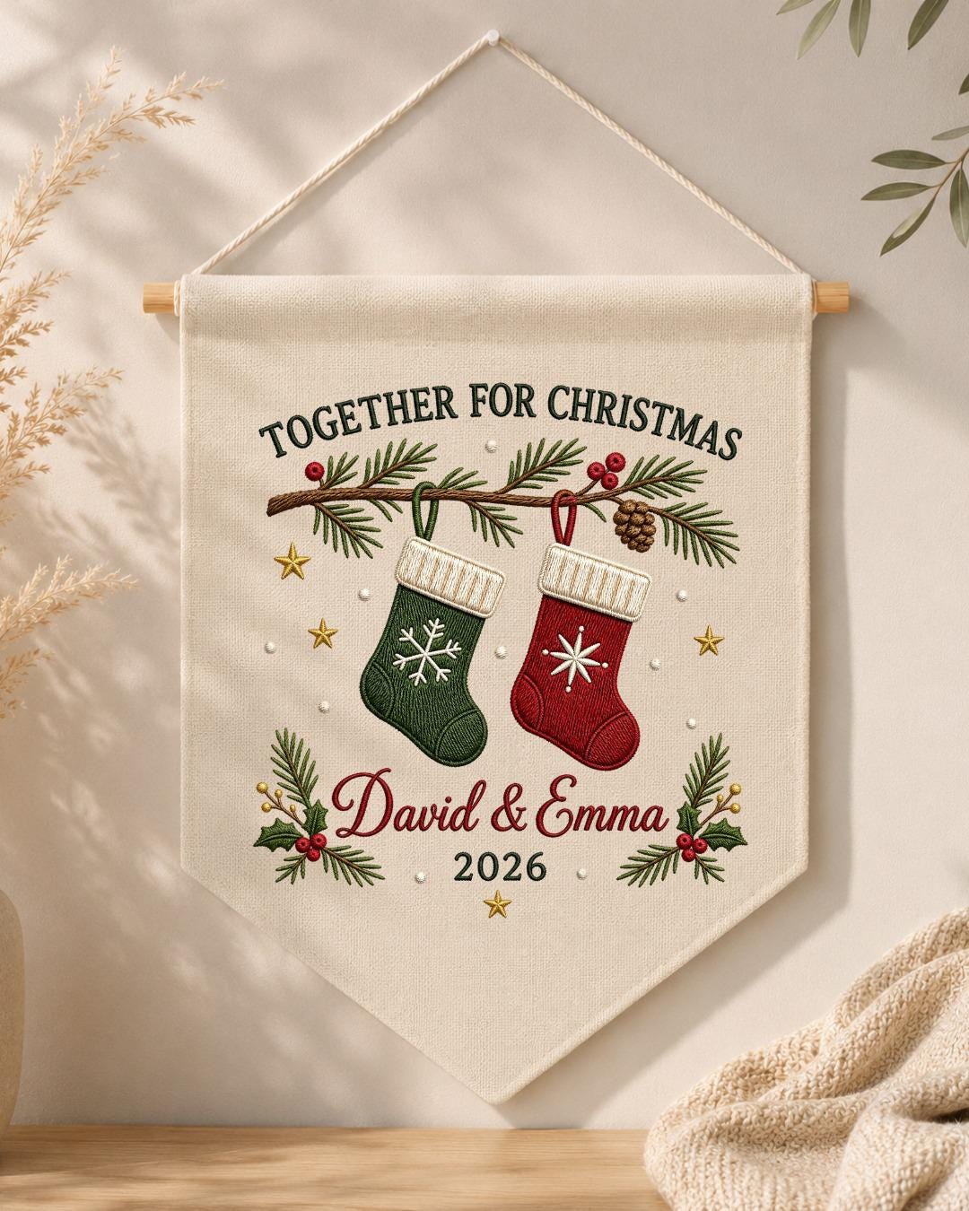 Personalized Christmas Couple Wall Hanging, Custom Names Embroidered Stocking Banner, First Christmas Together Decor, Holiday Keepsake Gift