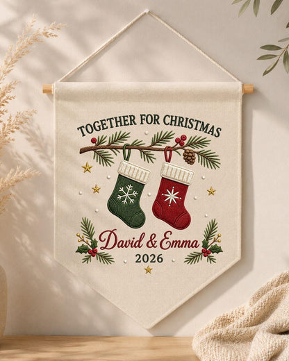 Personalized Christmas Couple Wall Hanging, Custom Names Embroidered Stocking Banner, First Christmas Together Decor, Holiday Keepsake Gift