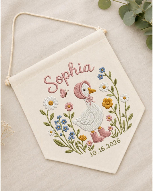 Personalized Goose Nursery Wall Hanging, Embroidered Custom Name and Date Banner, Floral Baby Girl Room Decor, Cottagecore Nursery Gift