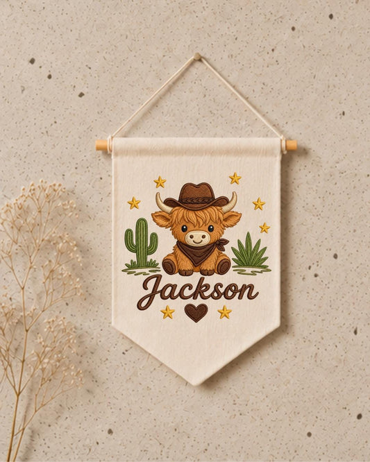 Personalized Highland Cow Nursery Wall Hanging, Custom Name Embroidered Cowboy Banner, Western Baby Boy Room Decor, Ranch Nursery Gift