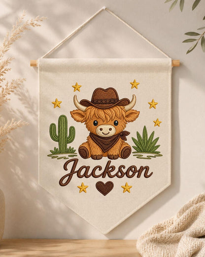 Personalized Highland Cow Nursery Wall Hanging, Custom Name Embroidered Cowboy Banner, Western Baby Boy Room Decor, Ranch Nursery Gift