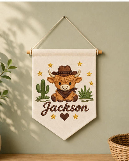 Personalized Highland Cow Nursery Wall Hanging, Custom Name Embroidered Cowboy Banner, Western Baby Boy Room Decor, Ranch Nursery Gift