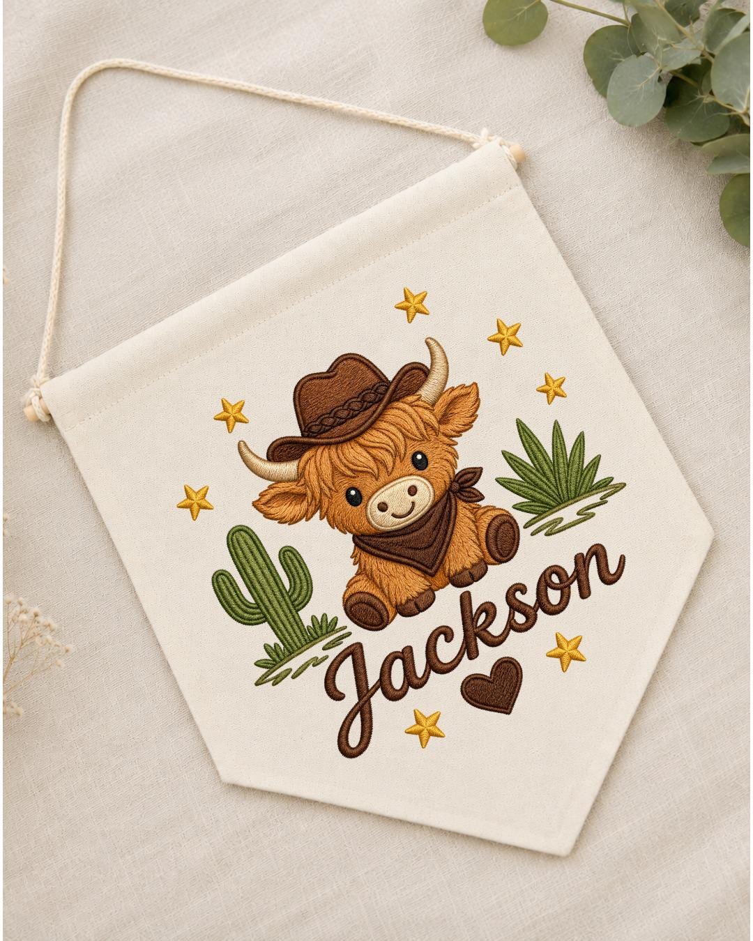 Personalized Highland Cow Nursery Wall Hanging, Custom Name Embroidered Cowboy Banner, Western Baby Boy Room Decor, Ranch Nursery Gift