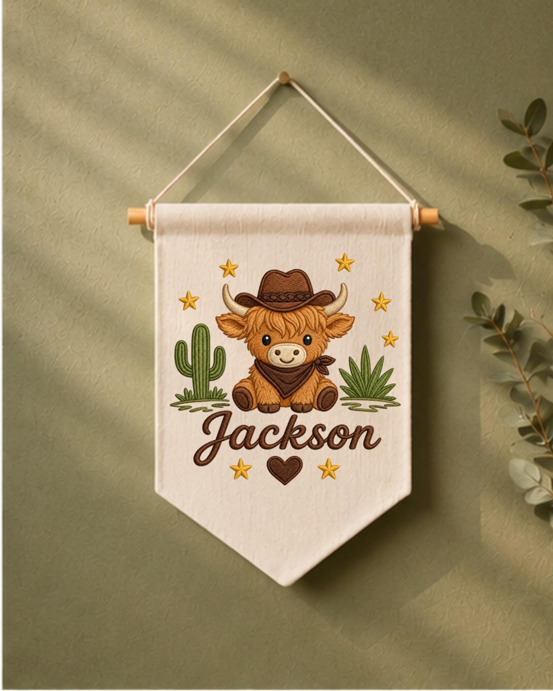 Personalized Highland Cow Nursery Wall Hanging, Custom Name Embroidered Cowboy Banner, Western Baby Boy Room Decor, Ranch Nursery Gift