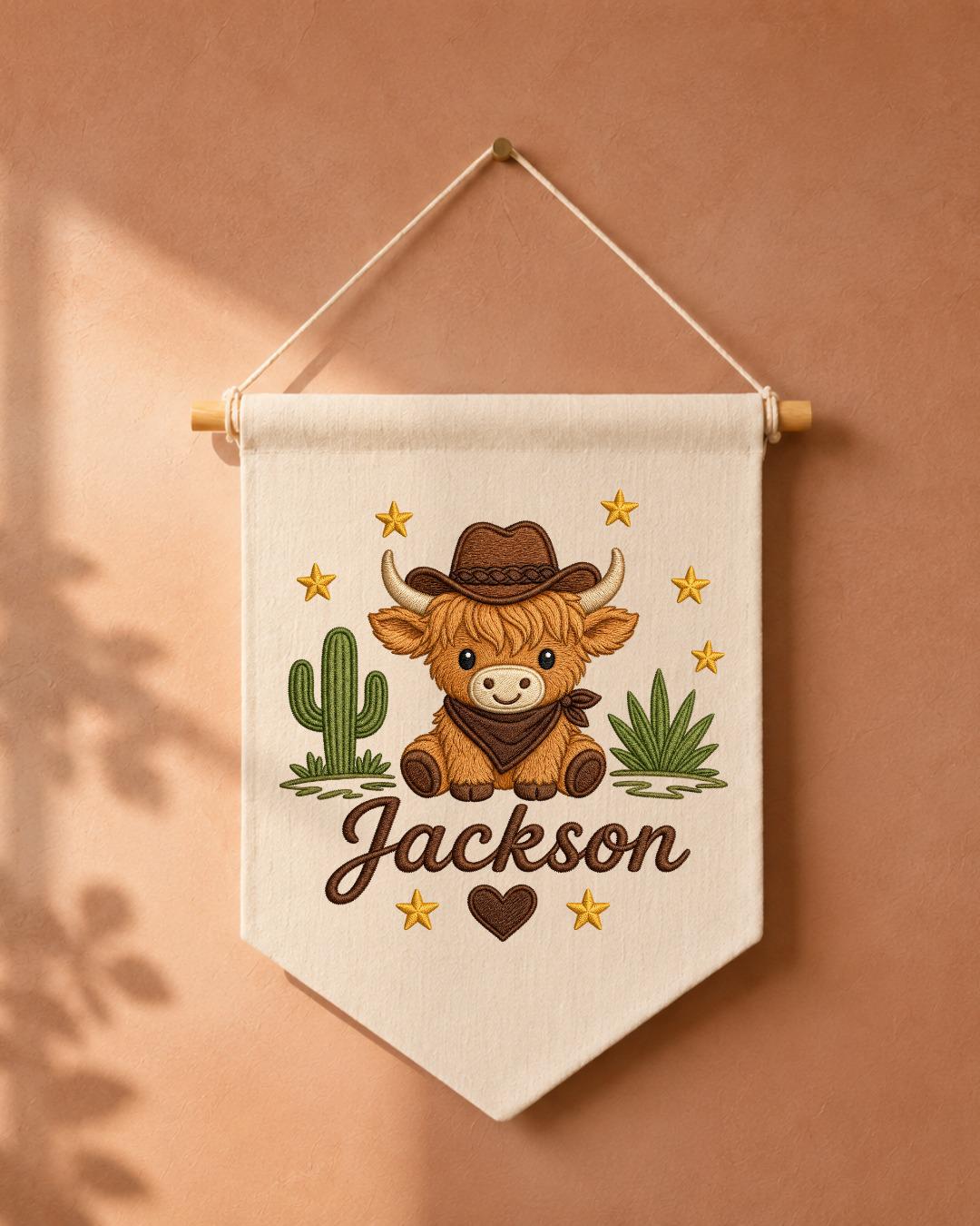 Personalized Highland Cow Nursery Wall Hanging, Custom Name Embroidered Cowboy Banner, Western Baby Boy Room Decor, Ranch Nursery Gift