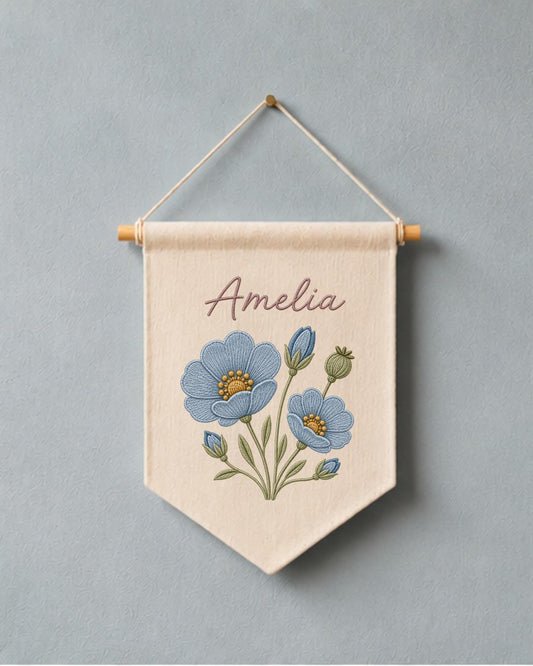 Personalized Blue Floral Wall Hanging, Embroidered Custom Name Banner, Botanical Nursery Decor, Baby Girl Room Gift, Flower Wall Art