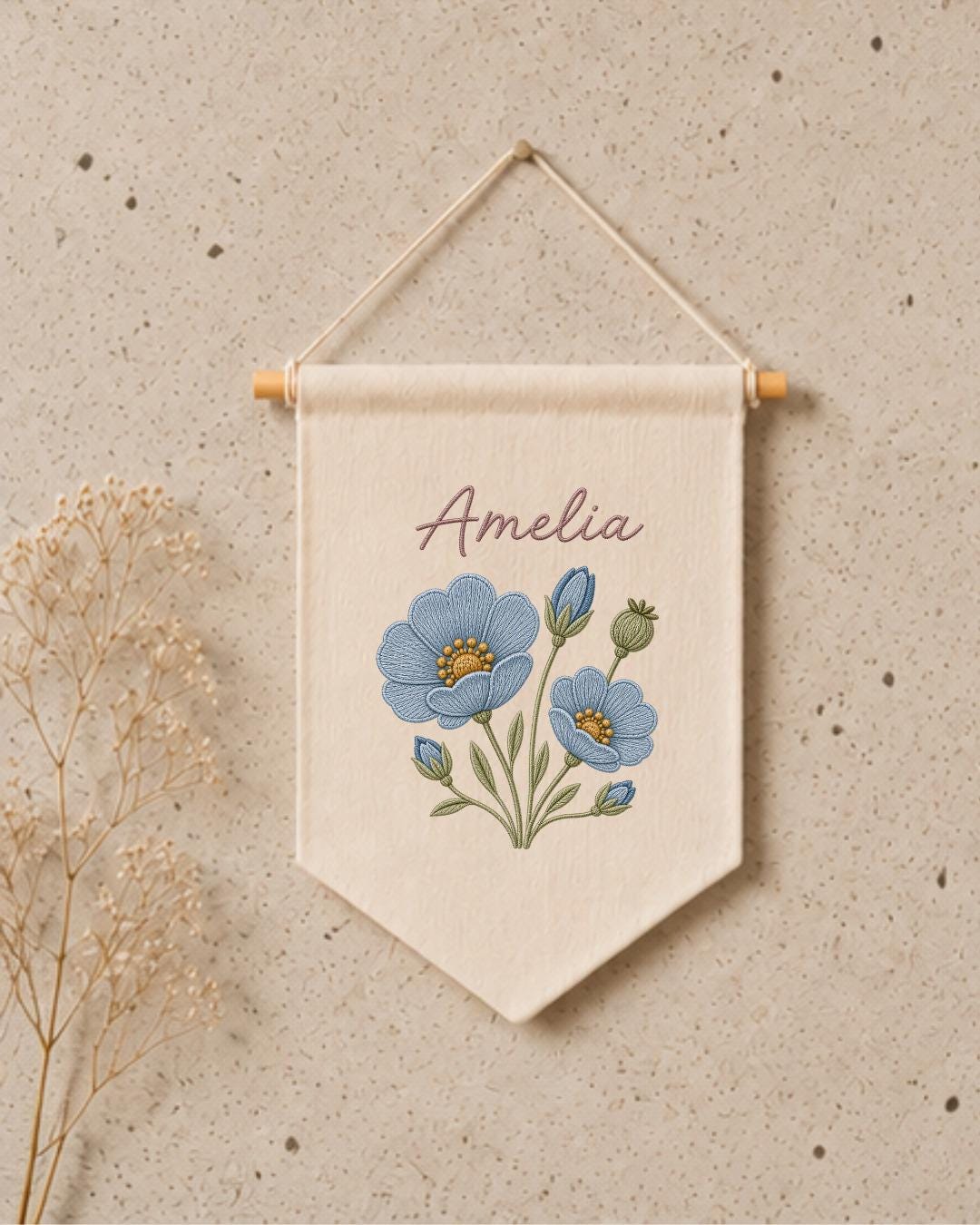 Personalized Blue Floral Wall Hanging, Embroidered Custom Name Banner, Botanical Nursery Decor, Baby Girl Room Gift, Flower Wall Art
