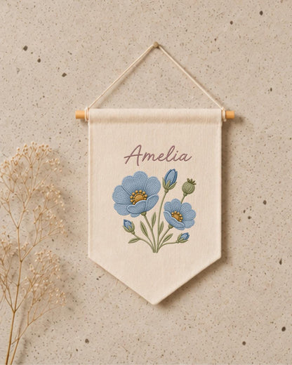 Personalized Blue Floral Wall Hanging, Embroidered Custom Name Banner, Botanical Nursery Decor, Baby Girl Room Gift, Flower Wall Art