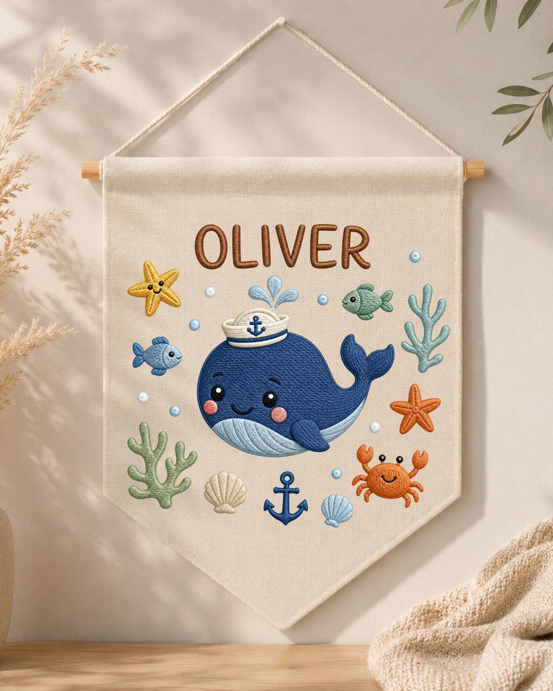 Personalized Whale Nursery Wall Hanging, Embroidered Custom Name Banner, Ocean Baby Boy Room Decor, Nautical Sea Life Nursery Gift