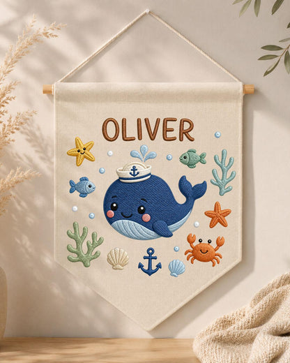 Personalized Whale Nursery Wall Hanging, Embroidered Custom Name Banner, Ocean Baby Boy Room Decor, Nautical Sea Life Nursery Gift
