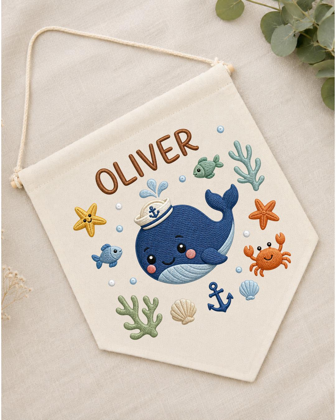 Personalized Whale Nursery Wall Hanging, Embroidered Custom Name Banner, Ocean Baby Boy Room Decor, Nautical Sea Life Nursery Gift