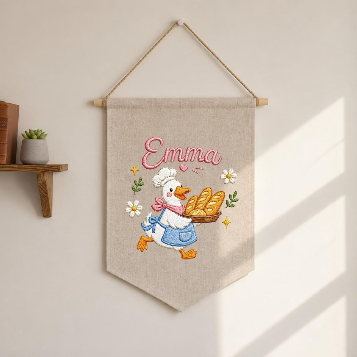 Embroidered Baker Duck Linen Banner, Custom Name Nursery Decor, Playroom Wall Hanging