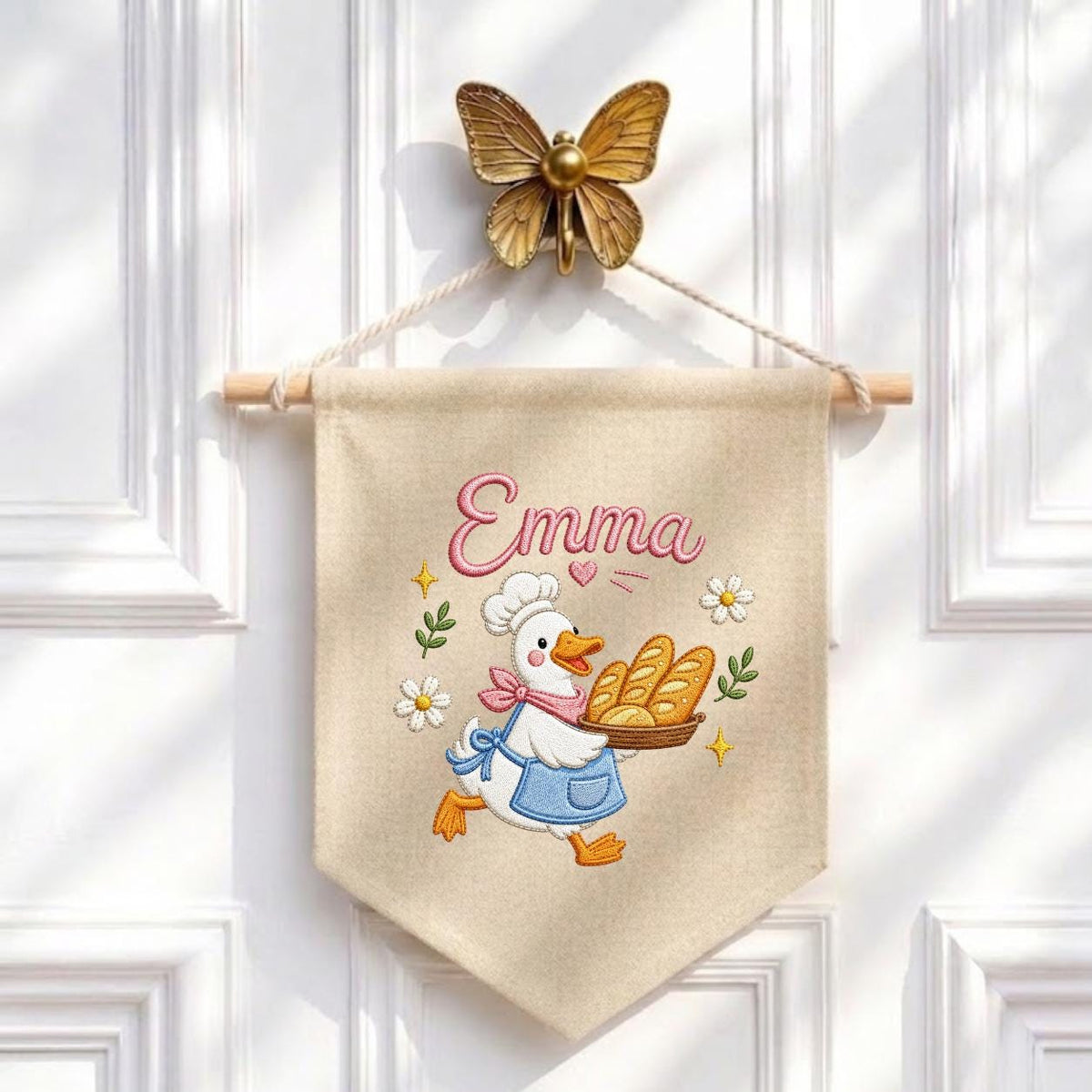 Embroidered Baker Duck Linen Banner, Custom Name Nursery Decor, Playroom Wall Hanging