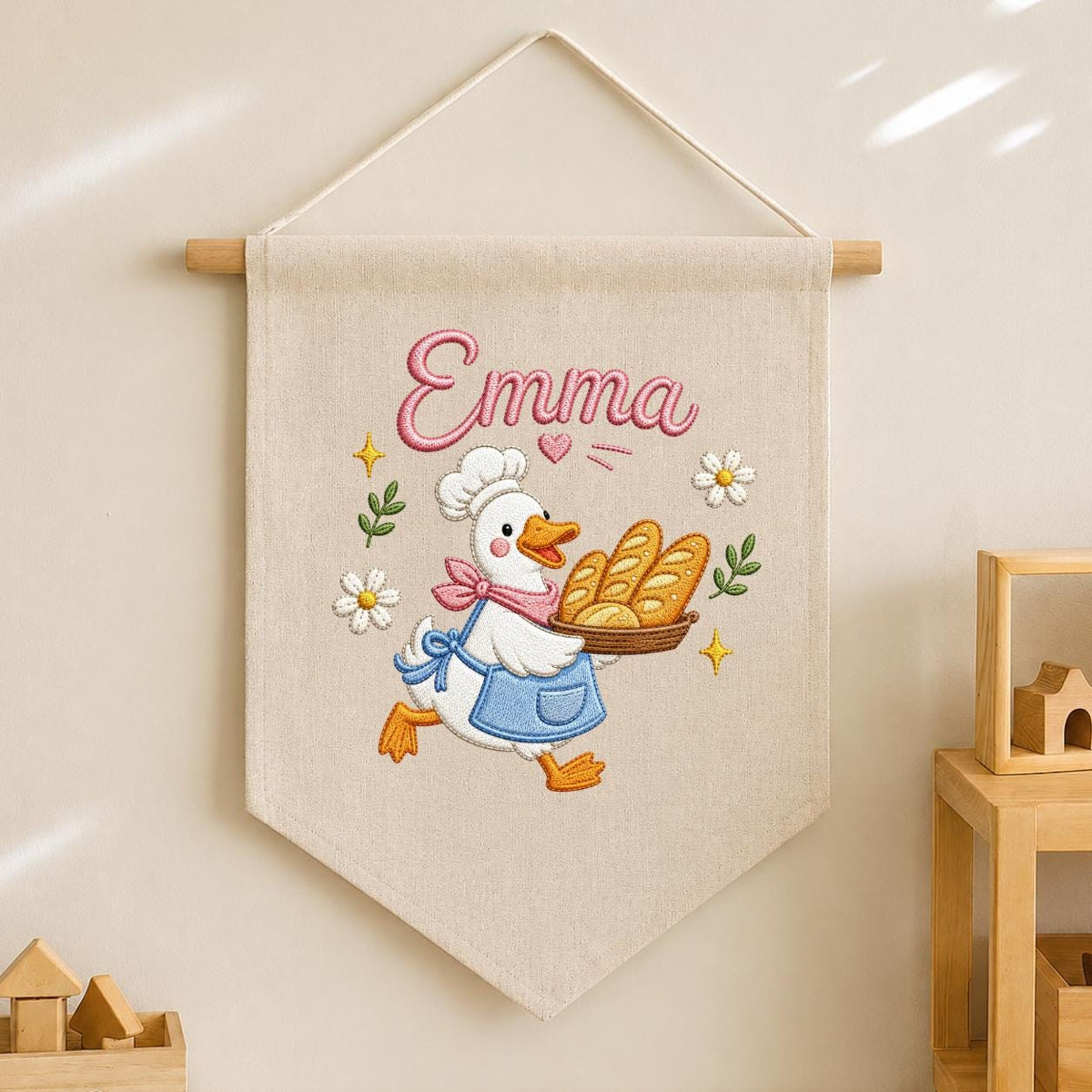 Embroidered Baker Duck Linen Banner, Custom Name Nursery Decor, Playroom Wall Hanging