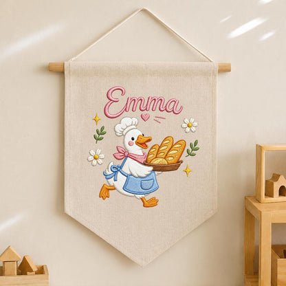 Embroidered Baker Duck Linen Banner, Custom Name Nursery Decor, Playroom Wall Hanging