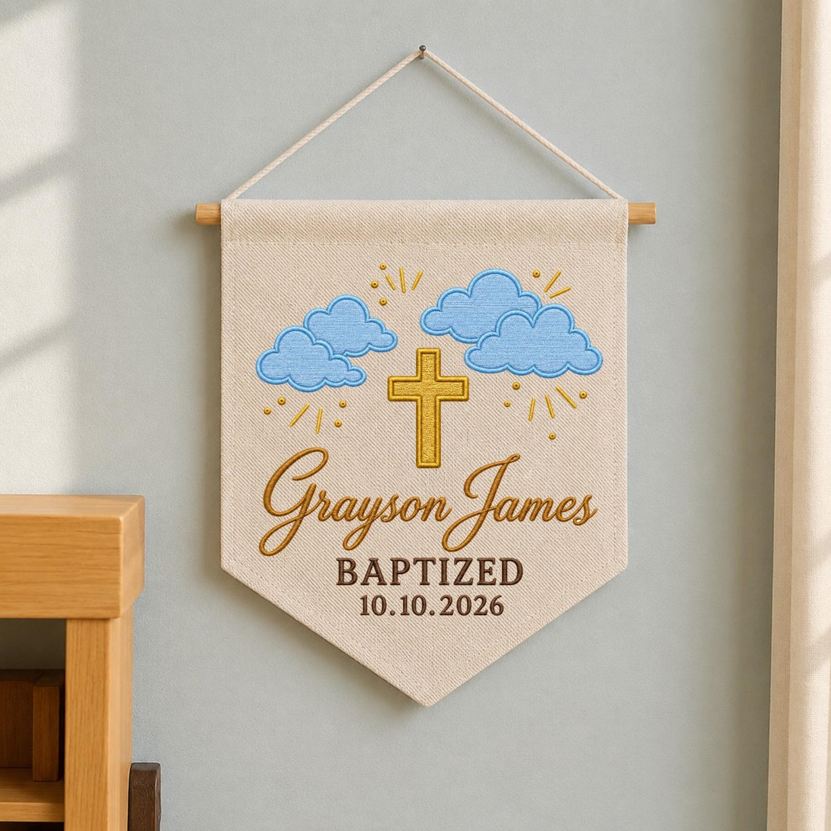 Personalized Embroidered Baptism Wall Hanging Banner, Custom Baby Name Sign, Christian Nursery Decor, Baptism Keepsake Gift