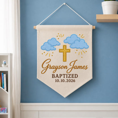 Personalized Embroidered Baptism Wall Hanging Banner, Custom Baby Name Sign, Christian Nursery Decor, Baptism Keepsake Gift