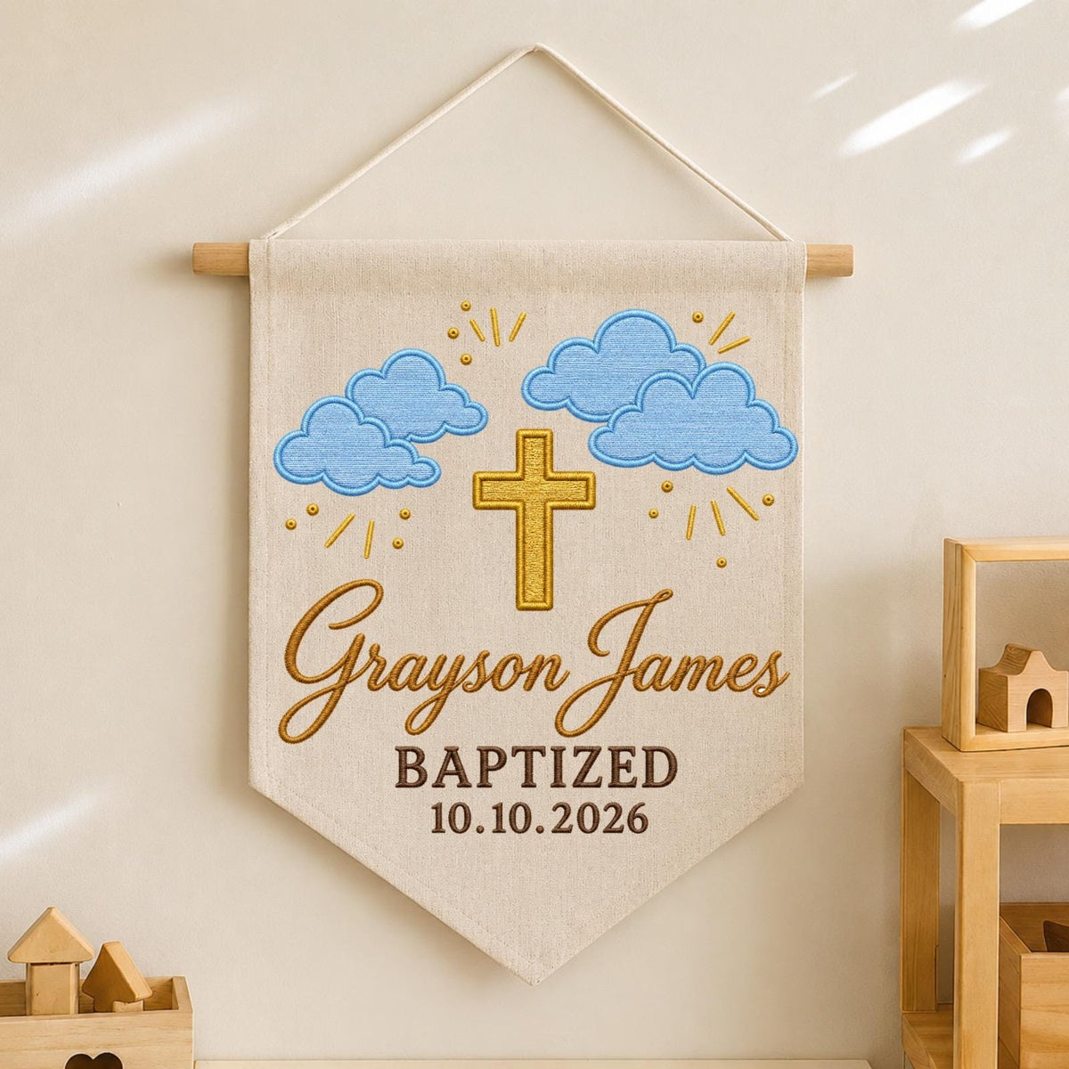 Personalized Embroidered Baptism Wall Hanging Banner, Custom Baby Name Sign, Christian Nursery Decor, Baptism Keepsake Gift
