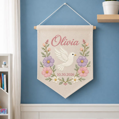 Personalized Embroidered Baptism Wall Hanging Banner, Custom Baby Name Sign, Floral Dove Nursery Decor, Christening Keepsake Gift