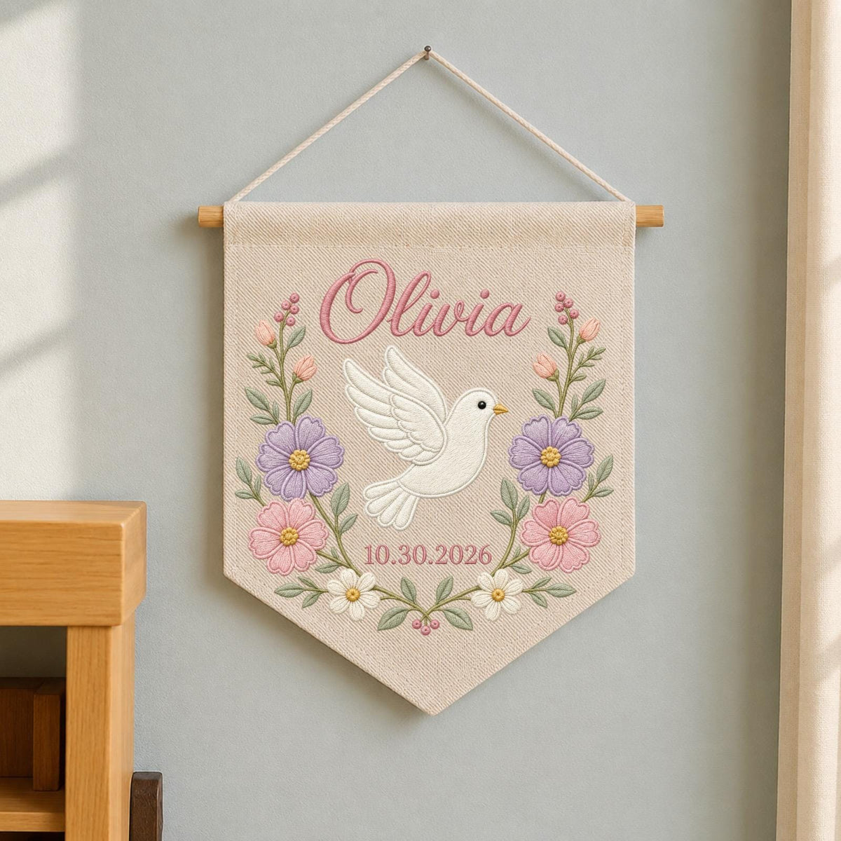 Personalized Embroidered Baptism Wall Hanging Banner, Custom Baby Name Sign, Floral Dove Nursery Decor, Christening Keepsake Gift