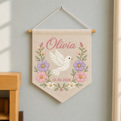 Personalized Embroidered Baptism Wall Hanging Banner, Custom Baby Name Sign, Floral Dove Nursery Decor, Christening Keepsake Gift