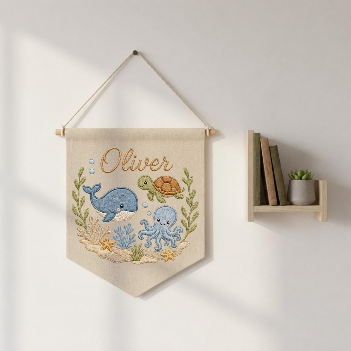 Personalized Embroidered Ocean Animals Wall Hanging Banner, Custom Baby Name Sign, Under the Sea Nursery Decor, Baby Shower Gift
