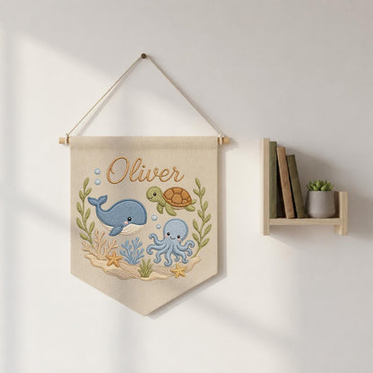 Personalized Embroidered Ocean Animals Wall Hanging Banner, Custom Baby Name Sign, Under the Sea Nursery Decor, Baby Shower Gift