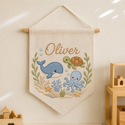 Personalized Embroidered Ocean Animals Wall Hanging Banner, Custom Baby Name Sign, Under the Sea Nursery Decor, Baby Shower Gift