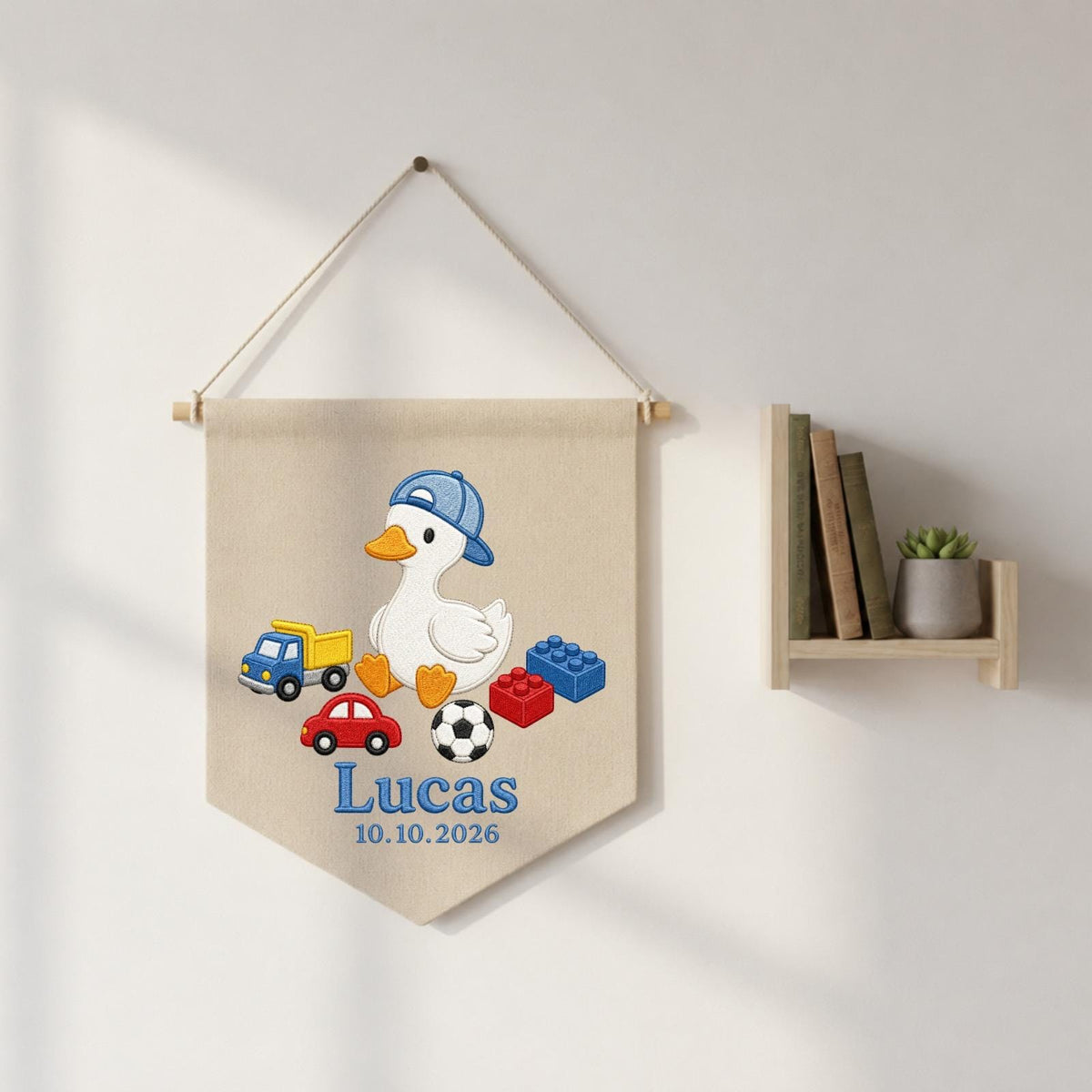 Personalized Embroidered Duck Wall Hanging Banner, Custom Baby Name Sign, Boy Nursery Decor, Birth Date Keepsake, Baby Shower Gift
