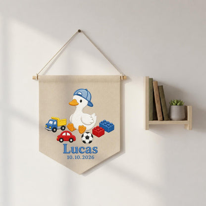 Personalized Embroidered Duck Wall Hanging Banner, Custom Baby Name Sign, Boy Nursery Decor, Birth Date Keepsake, Baby Shower Gift