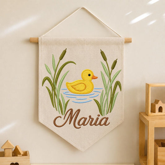 Personalized Embroidered Duck Wall Hanging Banner, Custom Baby Name Sign, Pond Nursery Decor, Baby Shower Gift, Cottagecore Kids Room
