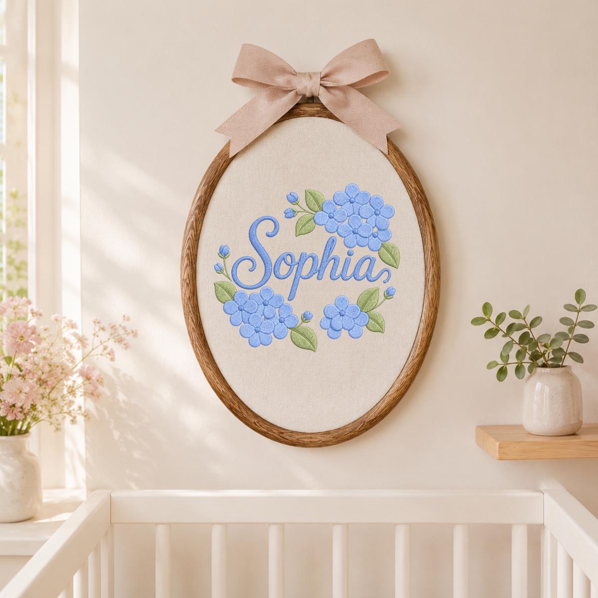 Personalized Embroidered Hoop Art, Blue Hydrangea Floral Nursery Decor