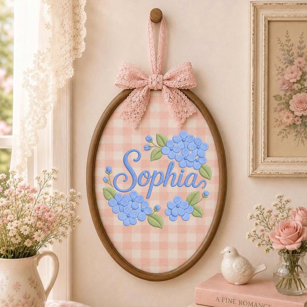 Personalized Embroidered Hoop Art, Blue Hydrangea Floral Nursery Decor