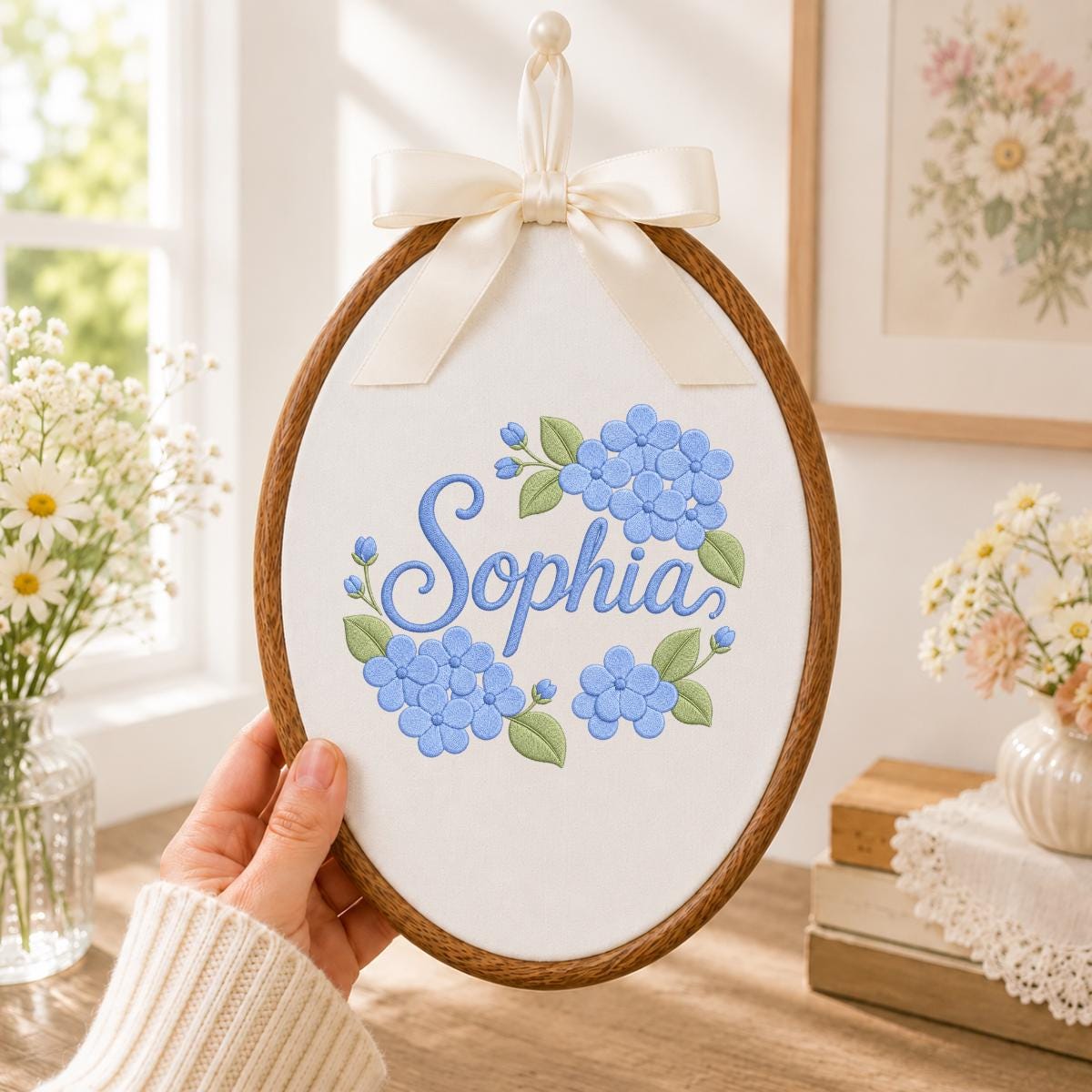 Personalized Embroidered Hoop Art, Blue Hydrangea Floral Nursery Decor