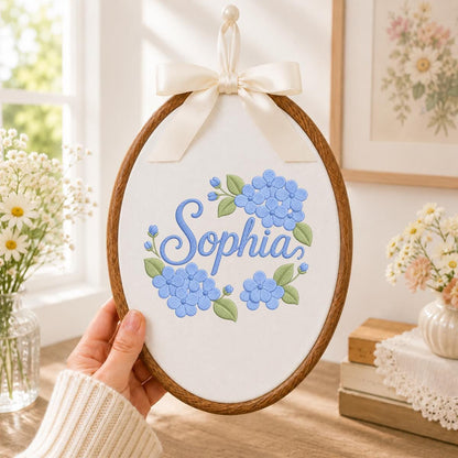 Personalized Embroidered Hoop Art, Blue Hydrangea Floral Nursery Decor