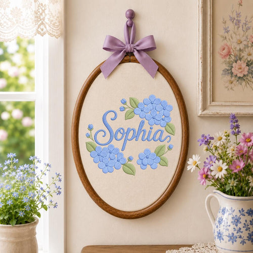 Personalized Embroidered Hoop Art, Blue Hydrangea Floral Nursery Decor