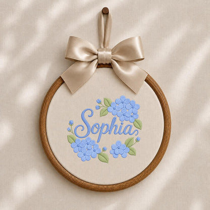 Personalized Embroidered Hoop Art, Blue Hydrangea Floral Nursery Decor
