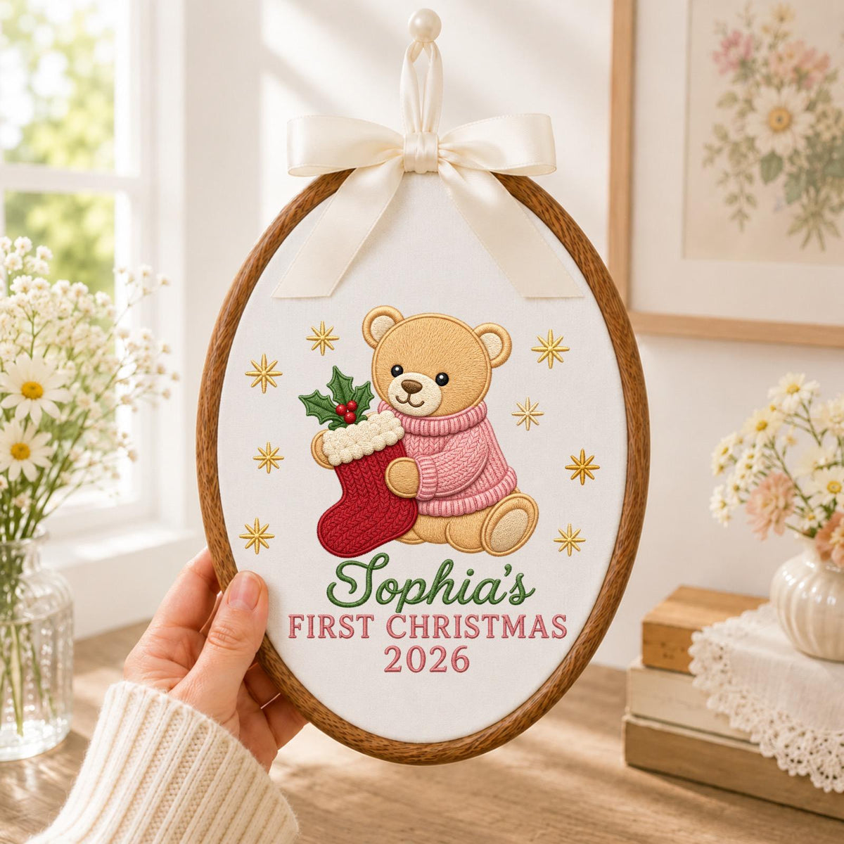 Personalized Embroidered Ornament, Baby First Christmas Teddy Bear Hoop, Custom Name Christmas Decor, Newborn Holiday Keepsake Gift
