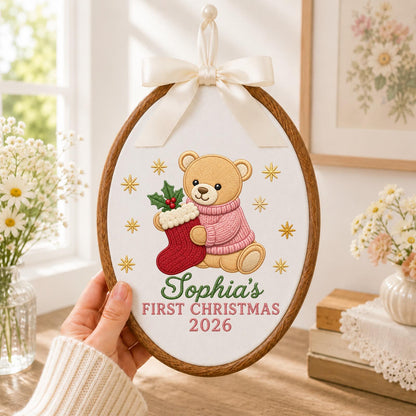 Personalized Embroidered Ornament, Baby First Christmas Teddy Bear Hoop, Custom Name Christmas Decor, Newborn Holiday Keepsake Gift