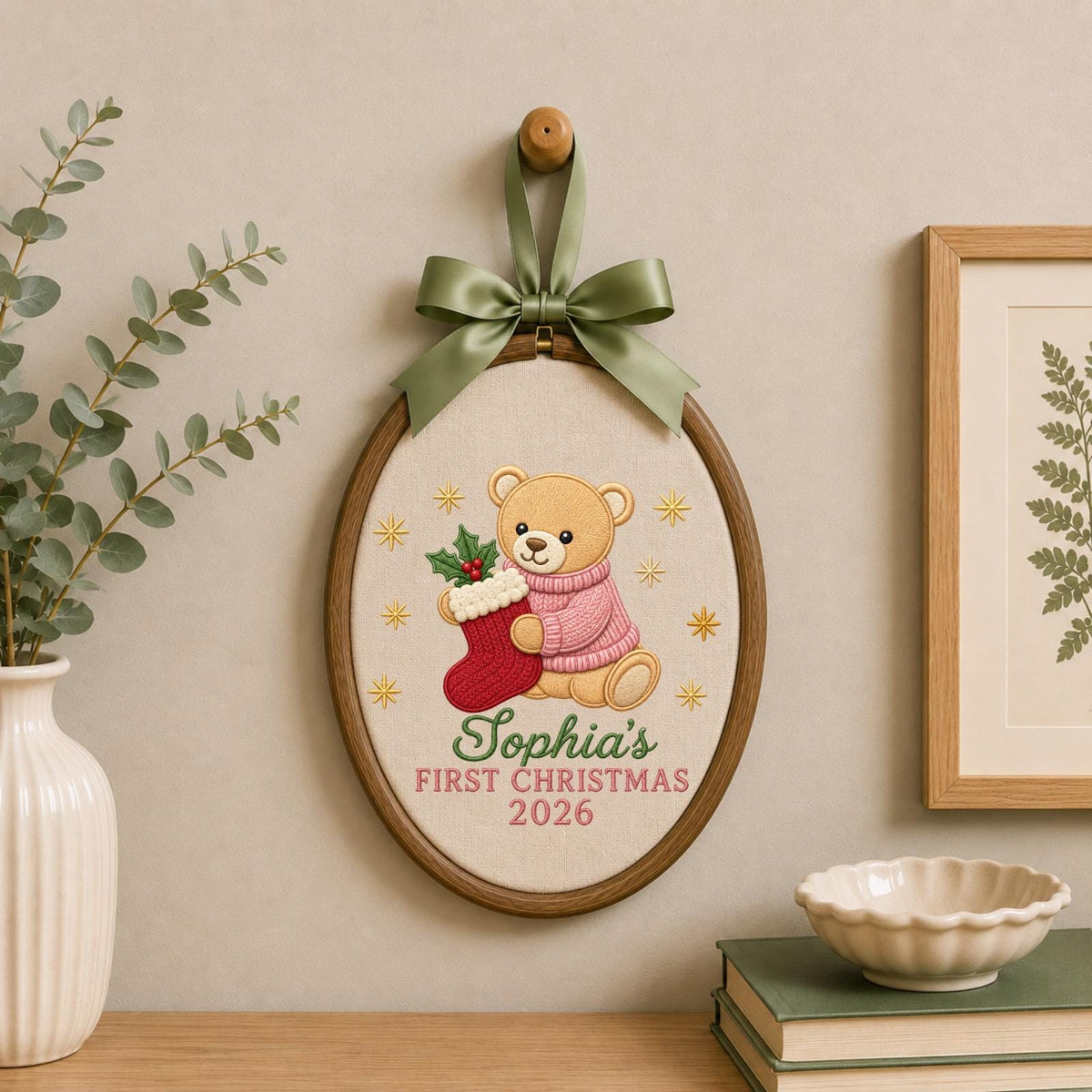Personalized Embroidered Ornament, Baby First Christmas Teddy Bear Hoop, Custom Name Christmas Decor, Newborn Holiday Keepsake Gift