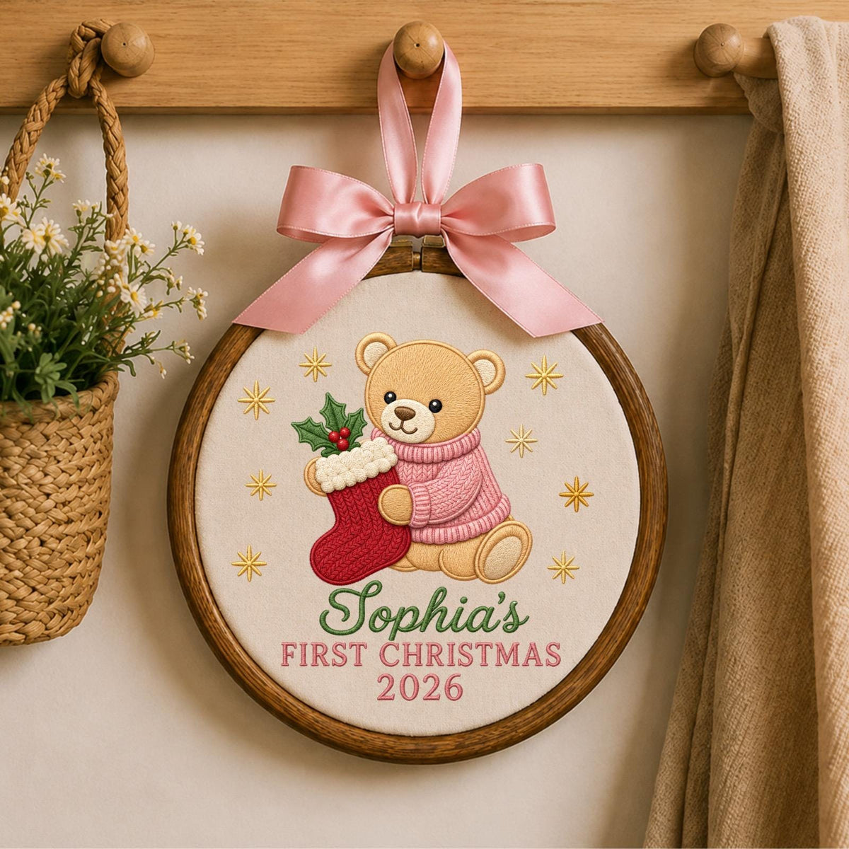 Personalized Embroidered Ornament, Baby First Christmas Teddy Bear Hoop, Custom Name Christmas Decor, Newborn Holiday Keepsake Gift