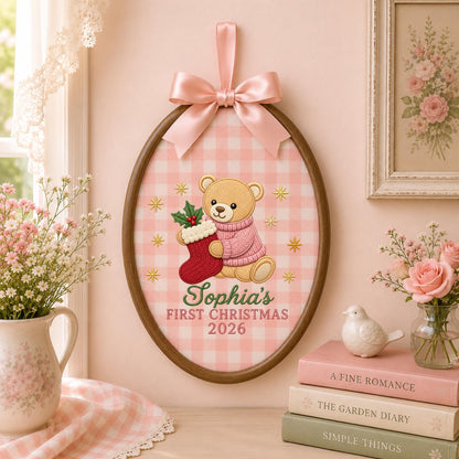 Personalized Embroidered Ornament, Baby First Christmas Teddy Bear Hoop, Custom Name Christmas Decor, Newborn Holiday Keepsake Gift