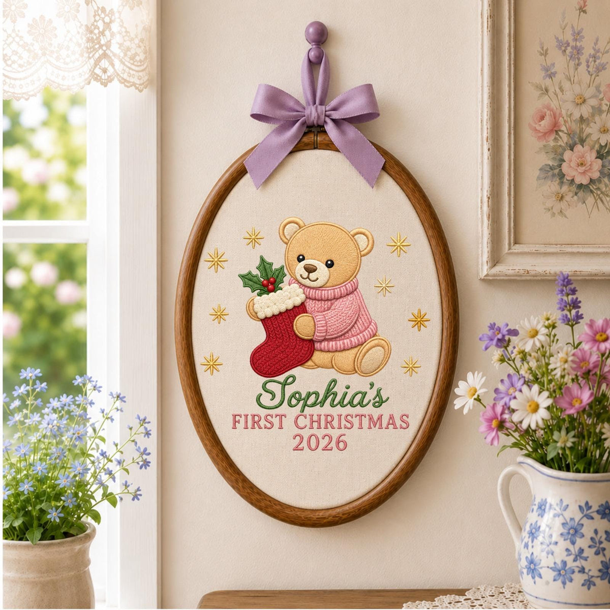 Personalized Embroidered Ornament, Baby First Christmas Teddy Bear Hoop, Custom Name Christmas Decor, Newborn Holiday Keepsake Gift