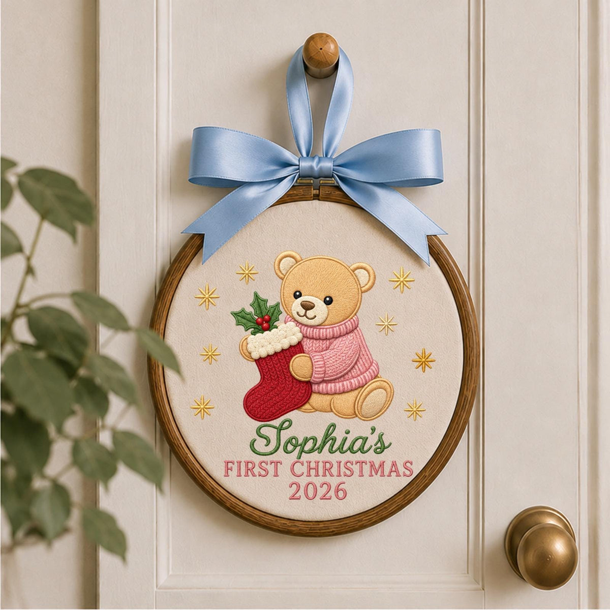 Personalized Embroidered Ornament, Baby First Christmas Teddy Bear Hoop, Custom Name Christmas Decor, Newborn Holiday Keepsake Gift