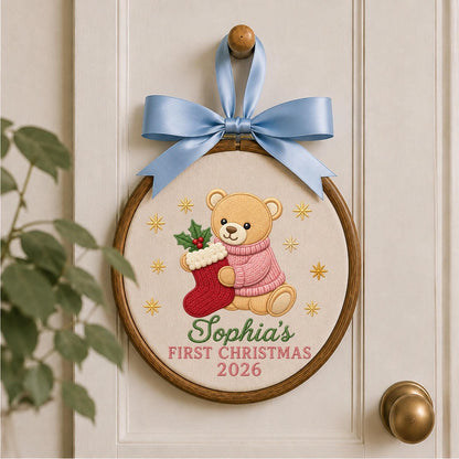 Personalized Embroidered Ornament, Baby First Christmas Teddy Bear Hoop, Custom Name Christmas Decor, Newborn Holiday Keepsake Gift