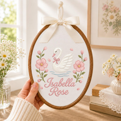 Personalized Embroidered Ornament, Swan Name Hoop, Floral Baby Girl Nursery Decor, Custom Newborn Gift, Baby Shower Keepsake
