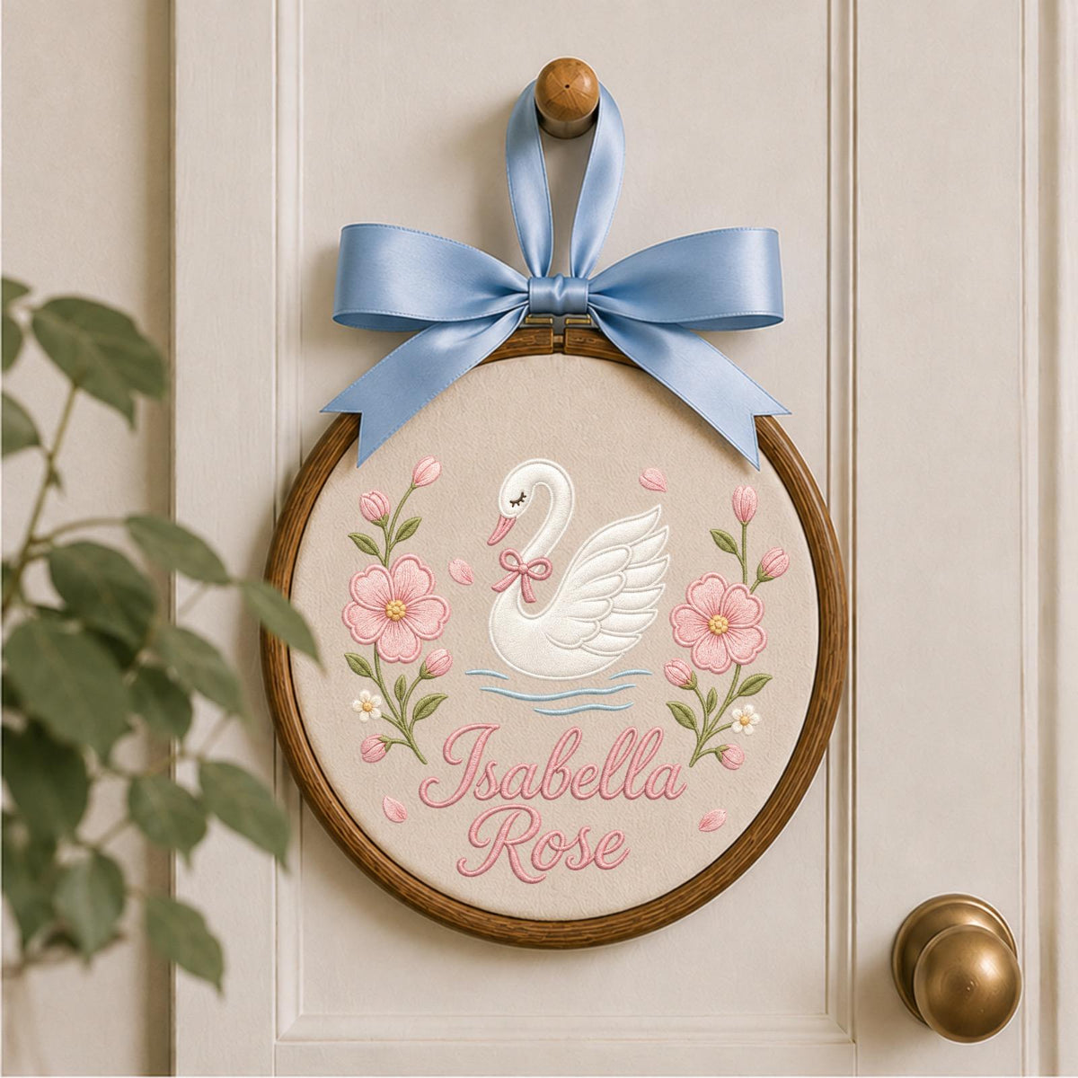 Personalized Embroidered Ornament, Swan Name Hoop, Floral Baby Girl Nursery Decor, Custom Newborn Gift, Baby Shower Keepsake