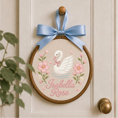 Personalized Embroidered Ornament, Swan Name Hoop, Floral Baby Girl Nursery Decor, Custom Newborn Gift, Baby Shower Keepsake